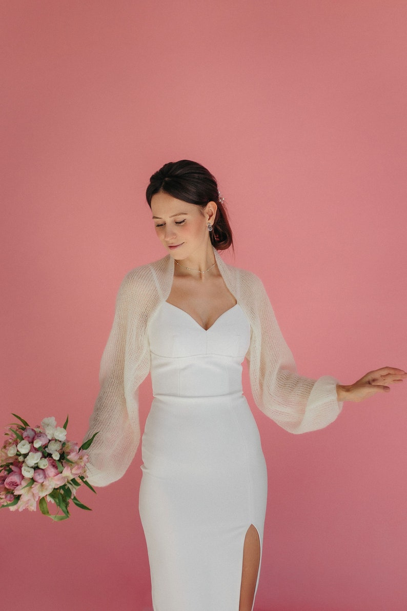 Boléro de mariage blanc, cardigan en mohair, veste de mariée, cape de mariée blanche, cache-cœur en mohair, veste de soie en mohair blanc, boléro en mohair blanc image 6