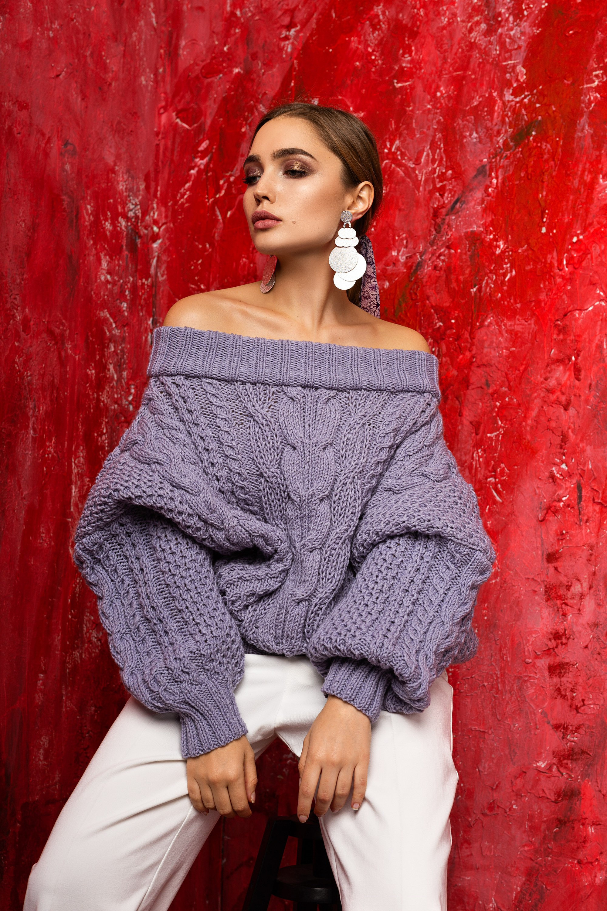 Cable Knit Sweater off the Shoulder Purple Jumper Oversized - Etsy UK