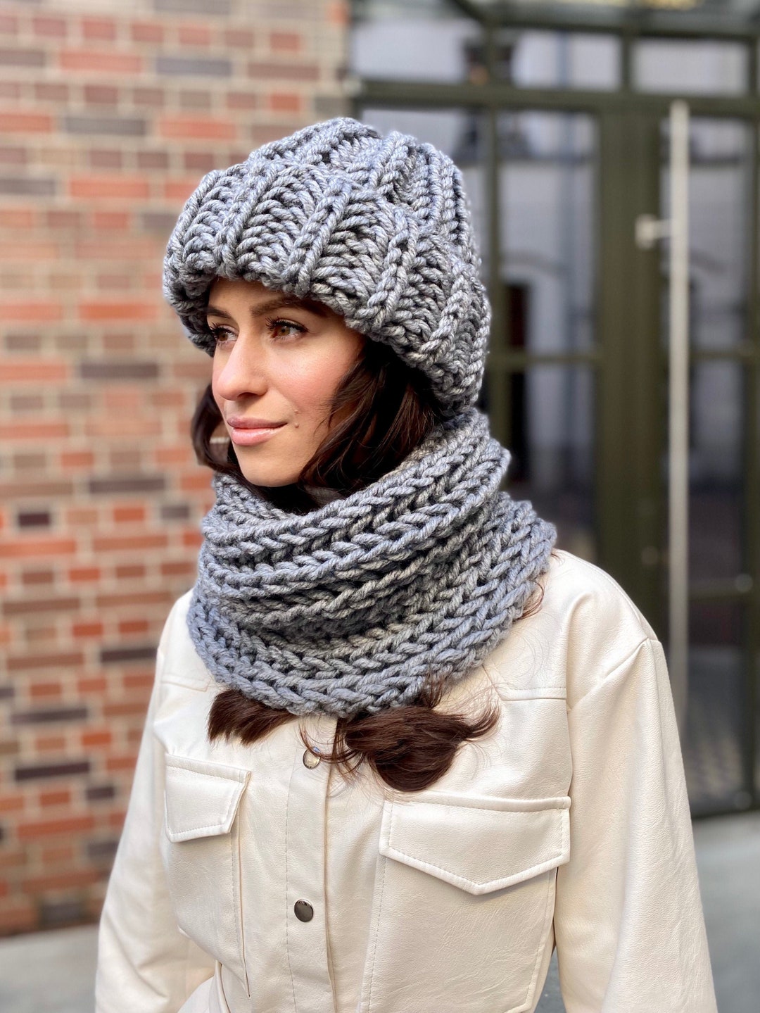 人気★【TATIANA】Sugar check Wool Muffler マフラー Wool Hat Scarf Set Gray Scarf Knit Loop Scarf for Women Hat