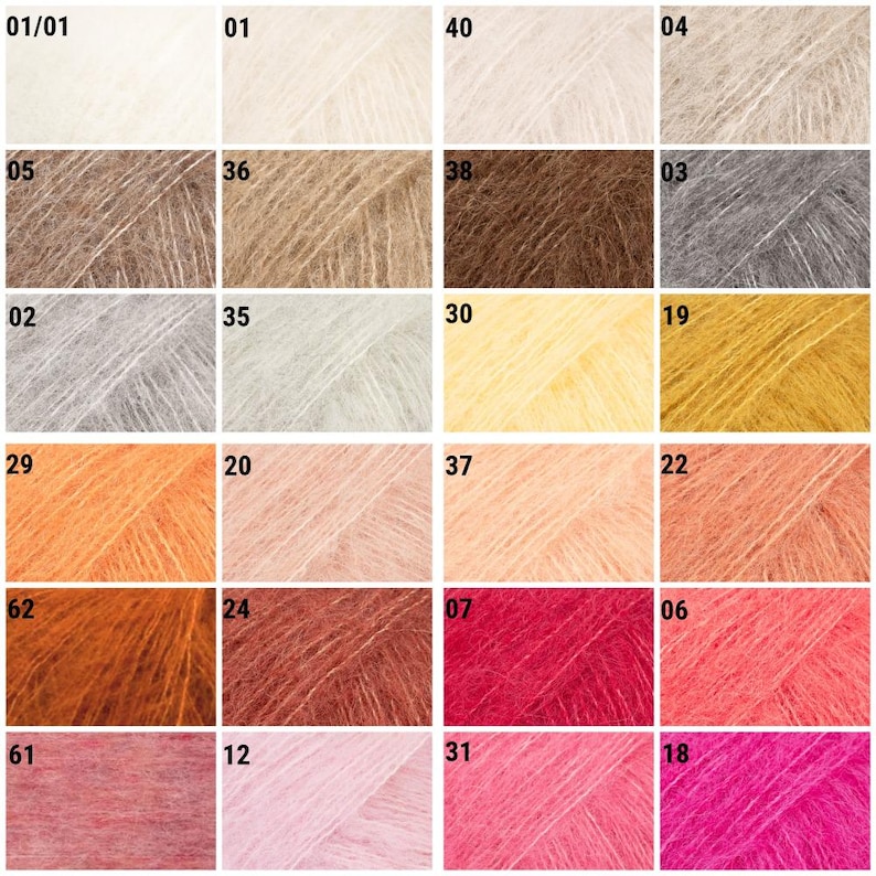 May include: A grid of twenty-four square swatches of fuzzy, mohair-style yarn in various colors, including shades of white, beige, brown, gray, yellow, orange, pink, and red. Each swatch is labeled with a unique numerical identifier in the corner.