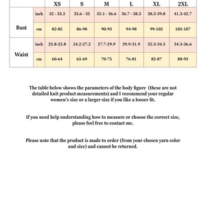 May include: Size chart for knit clothing with measurements in inches and centimeters. The chart shows bust and waist measurements for sizes XS, S, M, L, XL, and 2XL. The text below the chart states that the product is made to order and cannot be returned.
