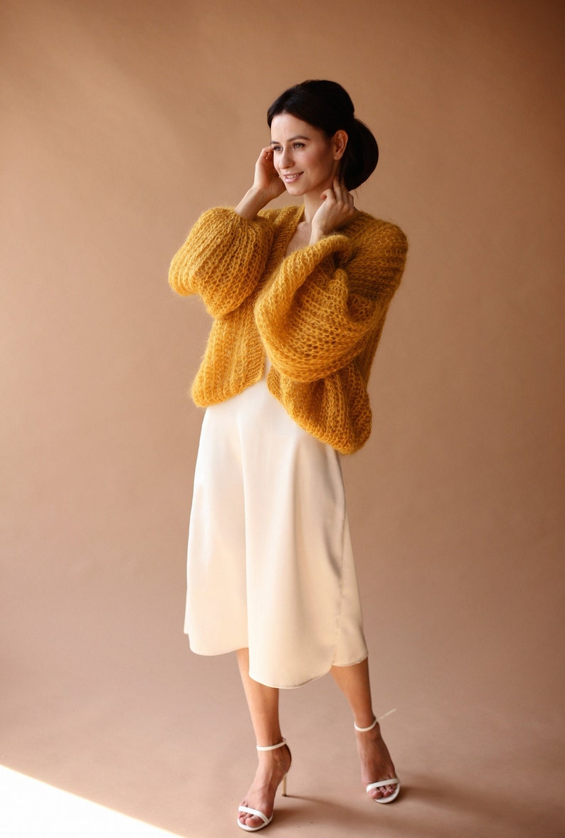 Cardigan en mohair pour femme Boléro de mariée en laine Veste en laine pour femme Pull en mohair orange Manteau en tricot Cardigan de mariage image 1