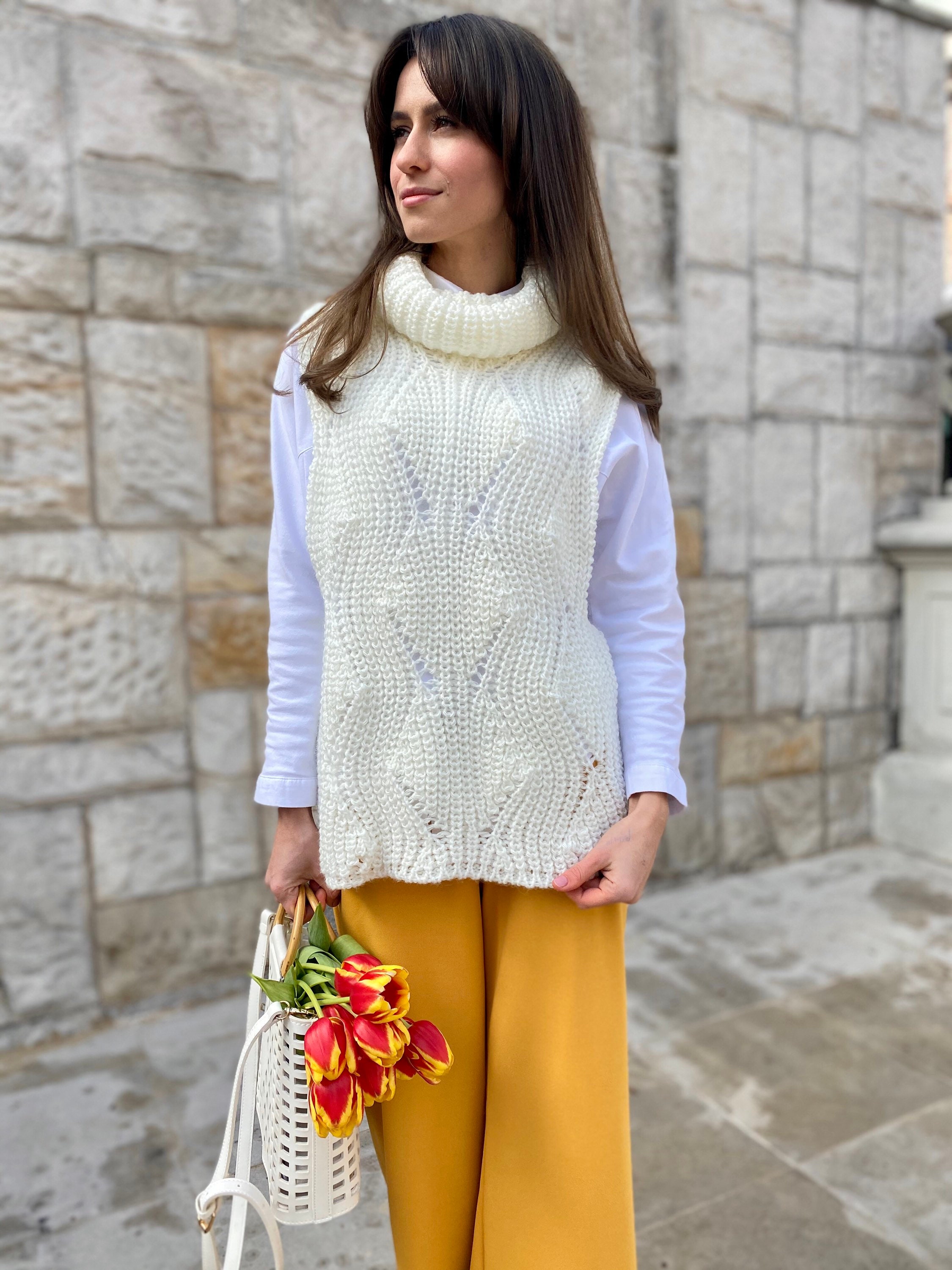 White Knitted Vest Sweater Vest Women White Knit Top Oversized Etsy