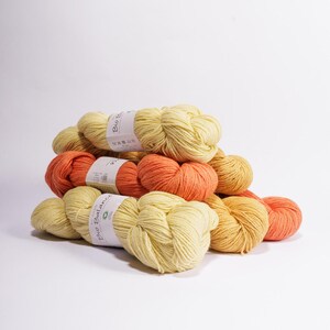 May include: A stack of yarn skeins in shades of yellow, orange, and peach. The yarn is labeled "Bio Balance" and is made from natural fibers.