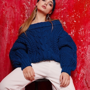 Grobstrick Pullover Damen Oversized Pullover Boho Pullover Blau Strickpullover Häkelpullover Grobstrick Pullover Bild 9