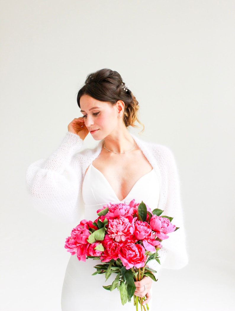 White Mohair Bolero White Bridal Wrap White Mohair Shrug White Bridal Cape Wedding Jacket Bridal Sweater image 4