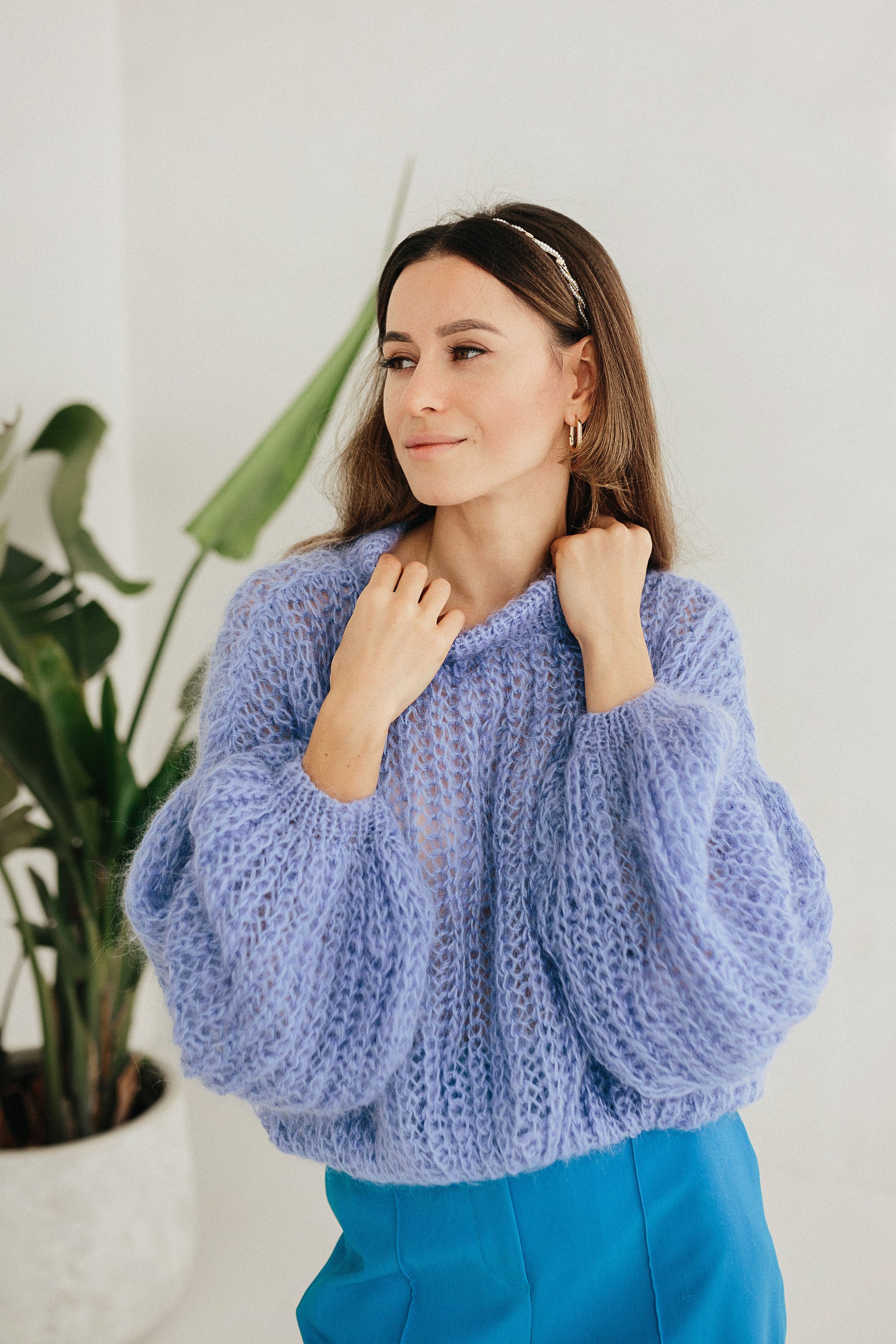 Mohair Sweater for Women Mohair Cardigan Wool Sweater Blue