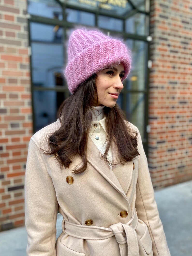 Pink Knit Hat Slouchy Beanie Women Black Wool Cape Cable Knit Hat White Beanie Pink Crochet Hat Pink Slouchy Beanie Pink Mohair Hat image 6