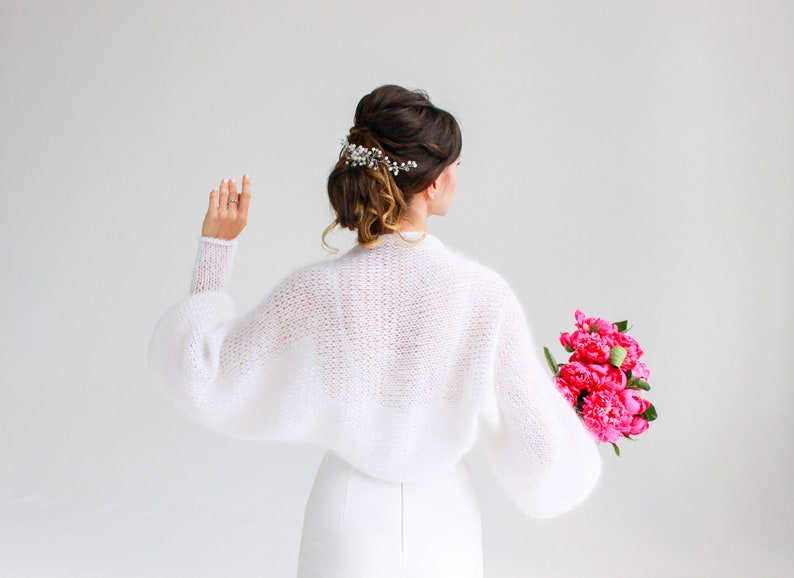 White Mohair Bolero White Bridal Wrap White Mohair Shrug White Bridal Cape Wedding Jacket Bridal Sweater image 5