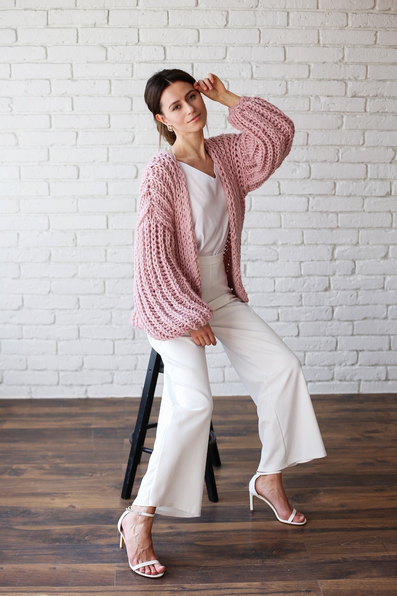 Giacca rosa da donna, cardigan oversize, maglione di lana, cappotto da donna, giacca bomber rosa immagine 2