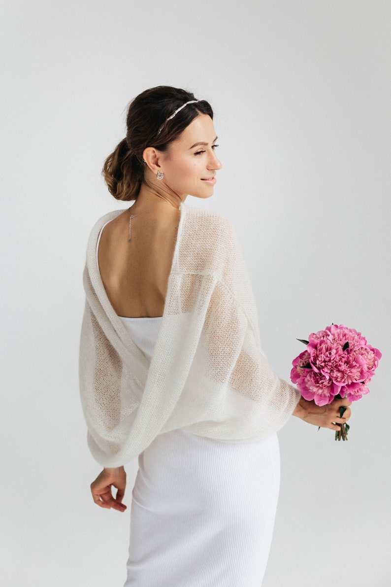 White Wedding Shawl Bridal Shrugs White Mohair Poncho White Cover Up Lace Shawl White Mohair Cape White Wedding Stole image 6