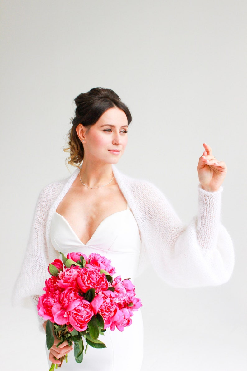 Weißer Mohair Bolero Weiß Braut Wrap Weißer Mohair Shrug Weiß Braut Cape Hochzeit Jacke Braut Pullover Bild 1