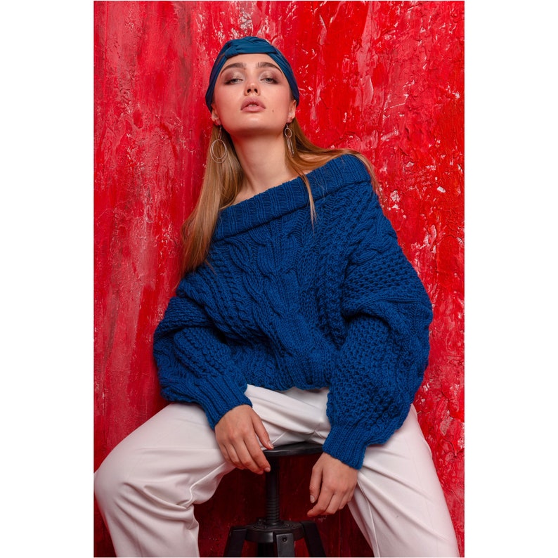 Grobstrick Pullover Damen Oversized Pullover Boho Pullover Blau Strickpullover Häkelpullover Grobstrick Pullover Bild 5