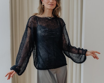 Wedding Sweater Mohair Pullover Wedding Top Mohair Sweater Bridal Pullover Knitted Sweater Wedding Cover up Black Sweater Women