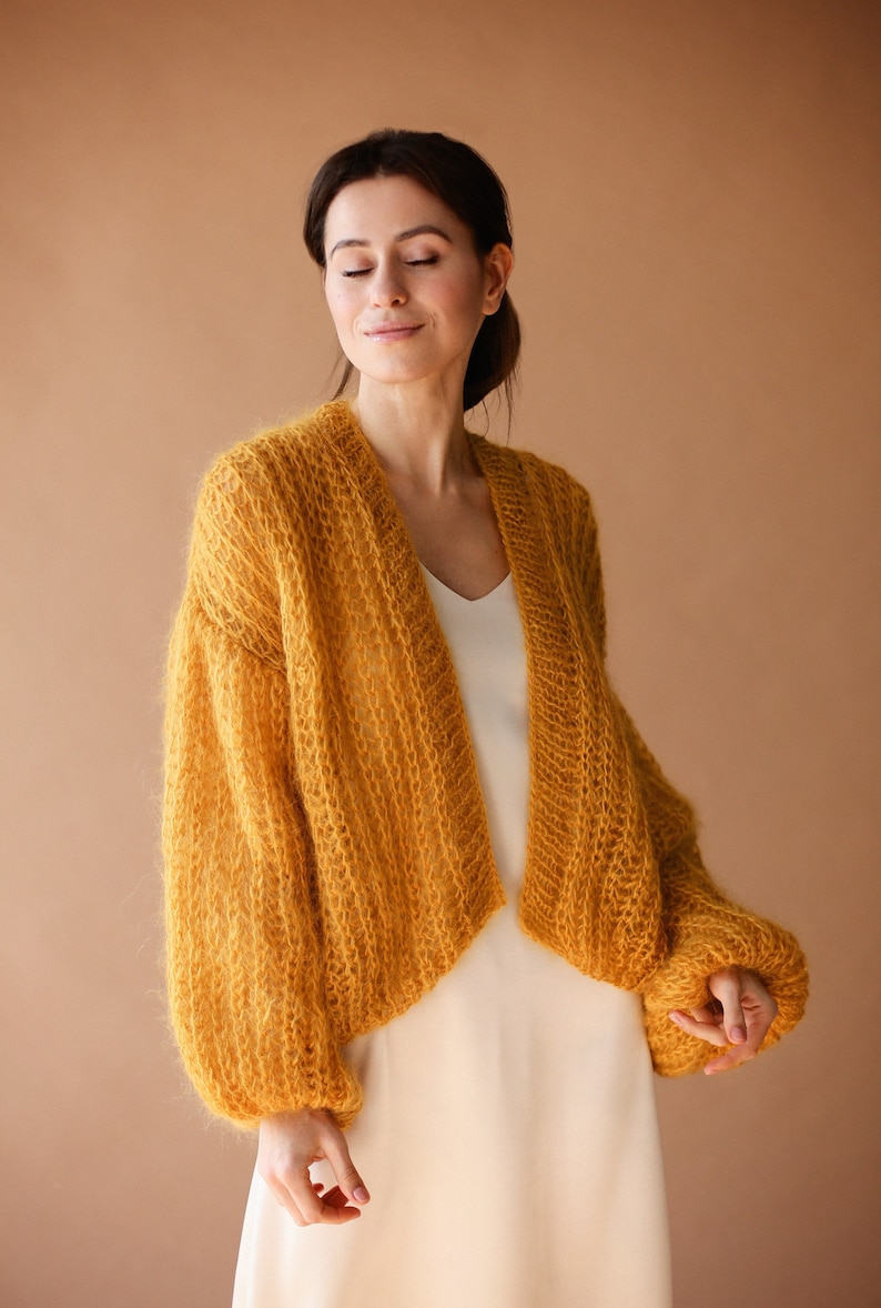 Mohair Cardigan Women Bridal Shrug Bolero Wool Jacket Women Mohair Sweater Orange Knitted Coat Wedding Cardigan image 4