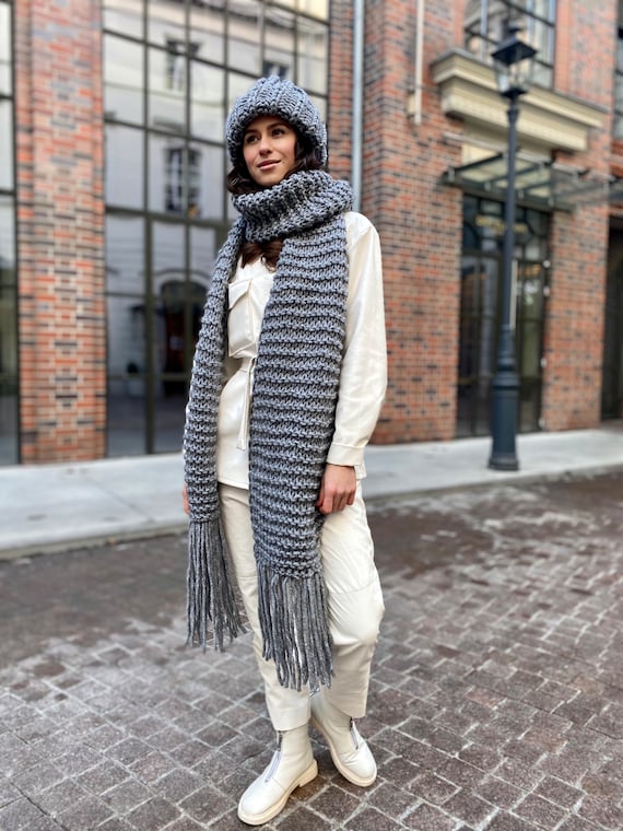 Long Scarf Woven Scarf for Women Gray Scarf Knit Big Cable 