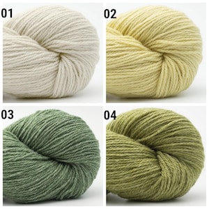May include: Four skeins of yarn in different colors: white, yellow, green, and a darker green. The yarn is wound into balls.