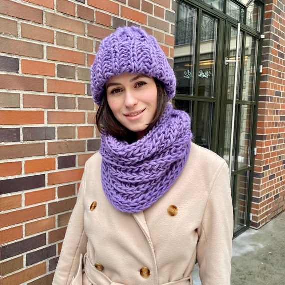 Wool Beanie Womens Hat Scarf Set Purple Scarf Women Chunky 