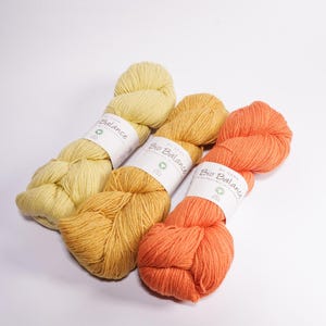 May include: Three skeins of yarn in shades of yellow and orange. The yarn is labeled "Bio Balance Organic Cotton."