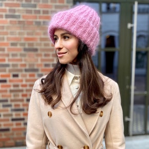 Pink Knit Hat Slouchy Beanie Women Black Wool Cape Cable Knit Hat White Beanie Pink Crochet Hat Pink Slouchy Beanie Pink Mohair Hat image 4