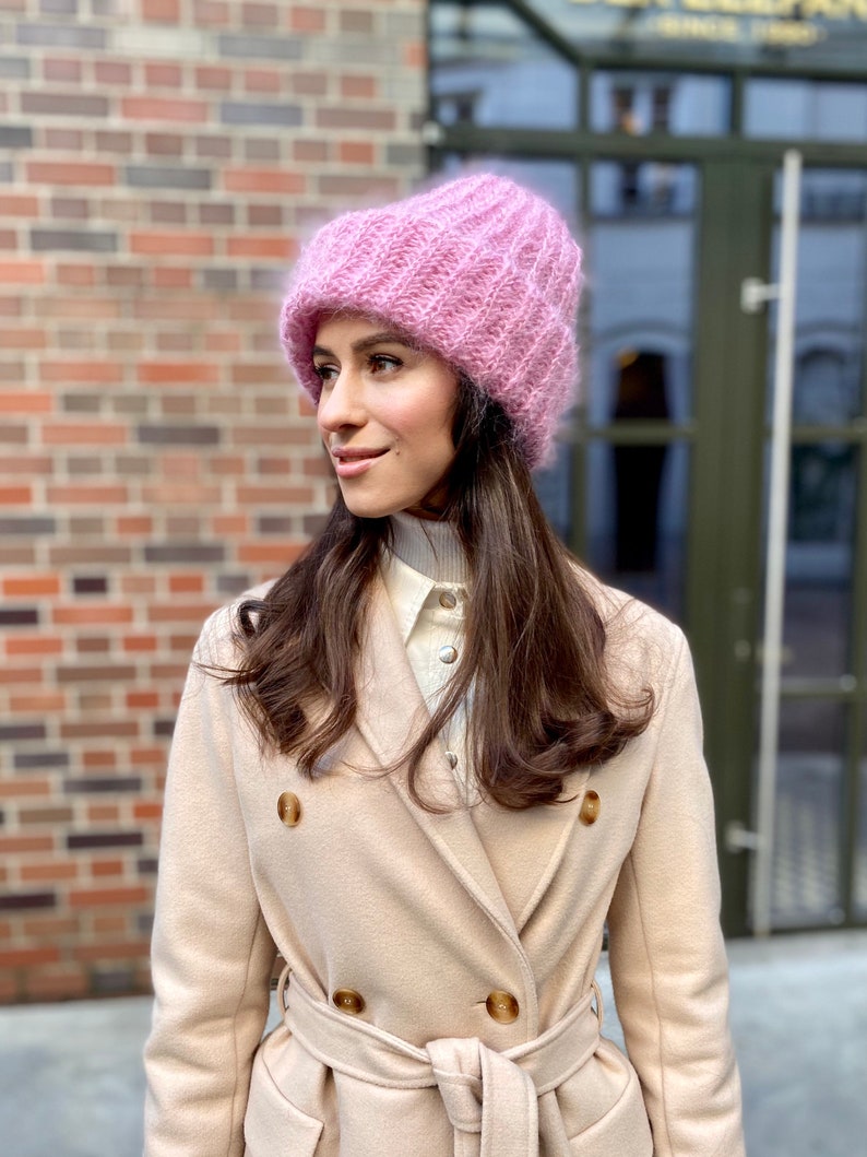 Pink Knit Hat Slouchy Beanie Women Black Wool Cape Cable Knit Hat White Beanie Pink Crochet Hat Pink Slouchy Beanie Pink Mohair Hat image 4