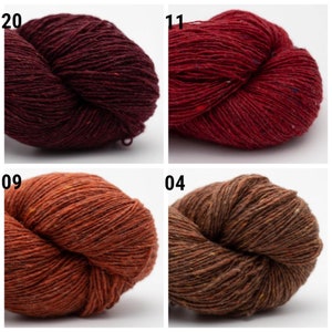 May include: Four skeins of yarn in different colors: burgundy, red, orange, and brown. Each skein is made of a soft, textured wool blend.