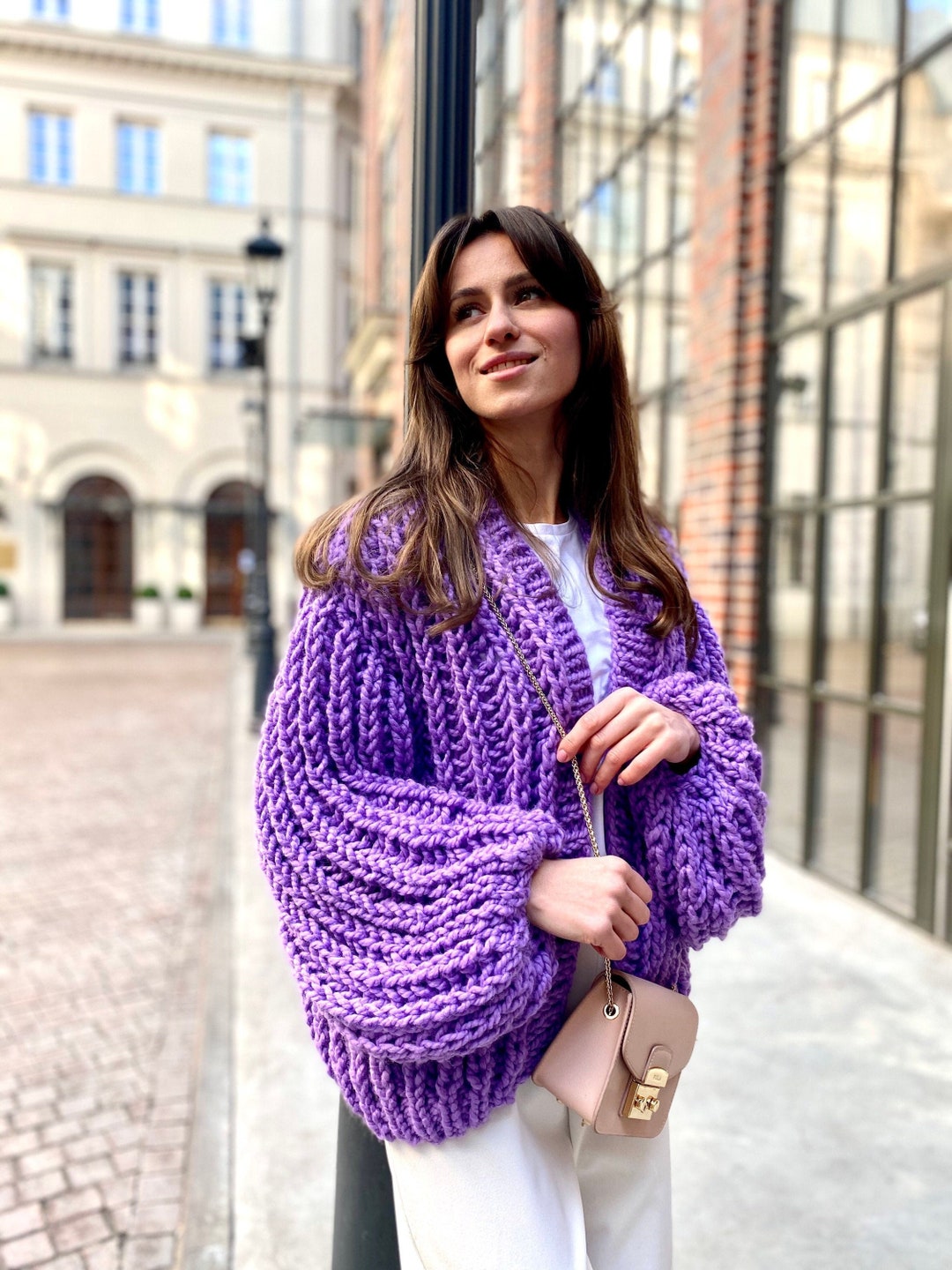 パープルカーディガンボンバージャケットレディースウールカーディガン