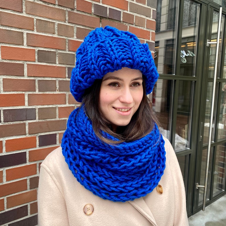Bonnet d'hiver bleu femme chapeaux écharpe bleue femme accessoires d'hiver bonnet tricoté bleu écharpe en laine ensemble bonnet écharpe en laine image 2