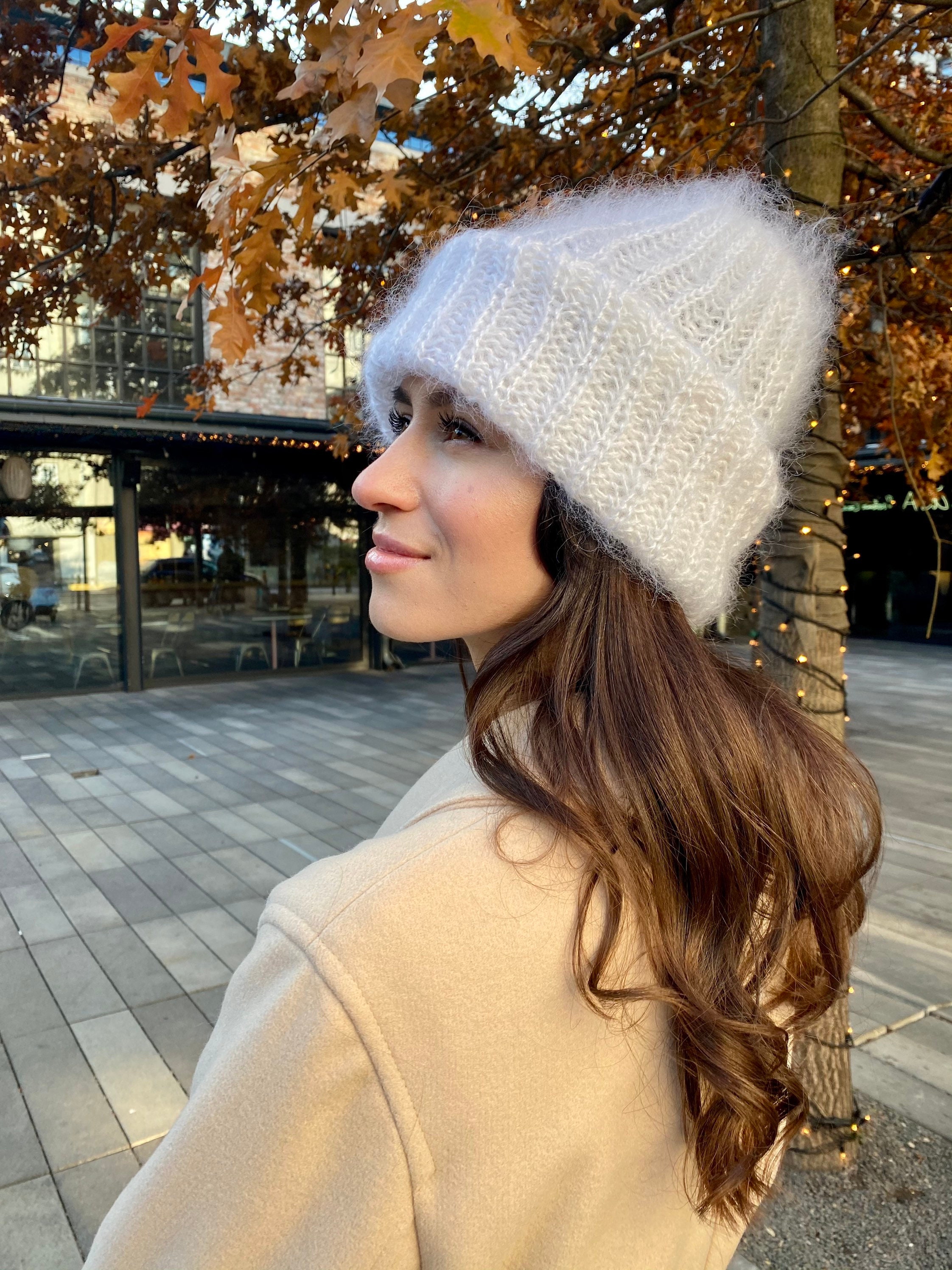 Mohair Winter Hat White Women Hat Handknit Beanie Hat Fluffy Warm