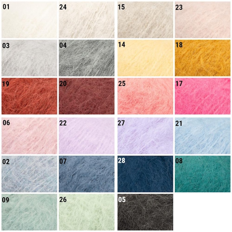 May include: A color chart of 28 different shades of yarn. The yarn is a fuzzy, mohair-like texture. The colors range from white to black, with shades of pink, blue, green, red, and yellow.