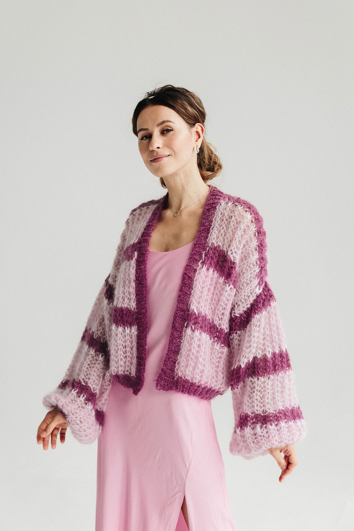 Mohair Midi Cardigan Pink White Yellow Stripe 10 12 main image 0