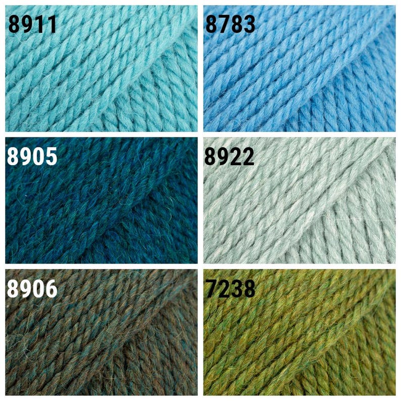 May include: A close-up of six skeins of yarn in different shades of blue, green, and gray. The yarn is labeled with the numbers 8911, 8783, 8905, 8922, 8906, and 7238.