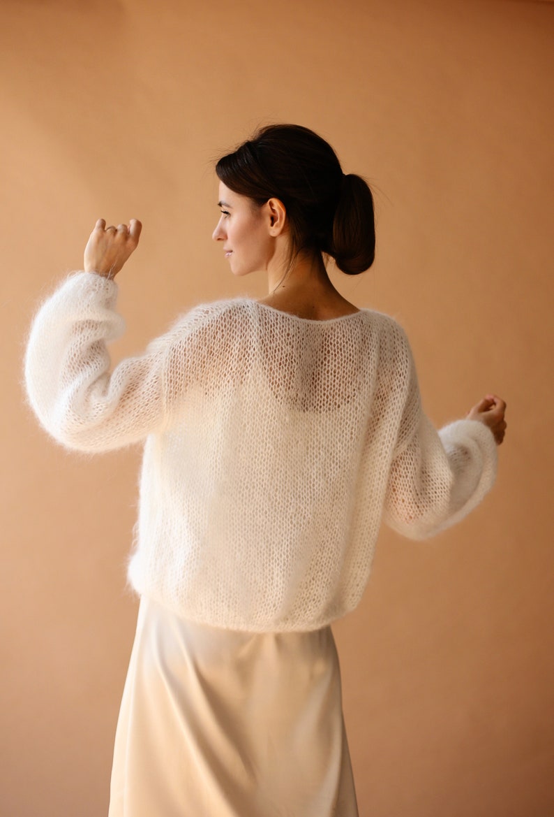 Mohairpullover Hochzeitspullover Weiße Wolljacke Brautpullover Weißer Strickpullover Weißer Brautshrug Bild 4