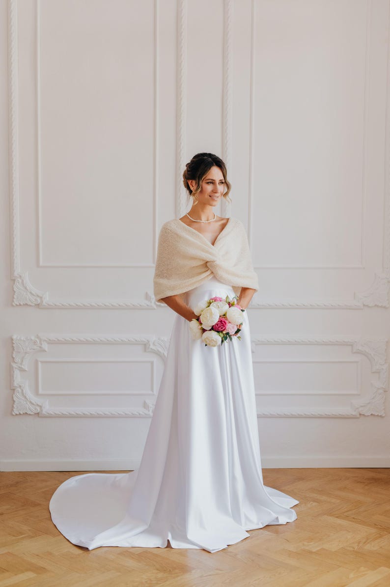 Bridal Shawl Wrap Wedding Stole Alpaca Silk Scarf Bridal Cover up White Shawl Wrap Bridal Shrug Bolero Wedding Shawl image 3