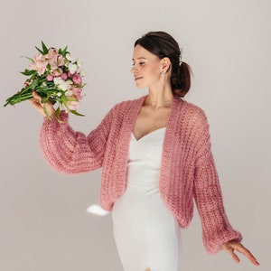 Pull rose, cardigan en mohair, veste de mariage, cardigan de mariée, couverture de mariée en tricot, cardigan de mariage, manteau en laine rose