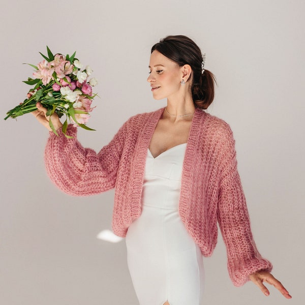 Pink Sweater Mohair Cardigan Wedding Jacket Bridal Cardigan Knitted Bridal Cover Wedding Cardigan Pink Wool Coat