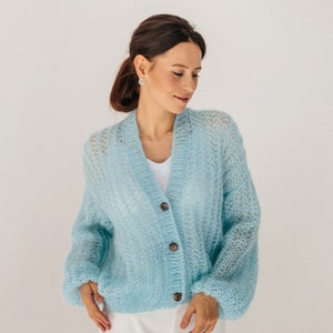 Mohair Cardigan Blue Wool Pullover Mohair Wool Sweater Knitted Cardigan Mohair Wool Coat Mohair Jacket image 2