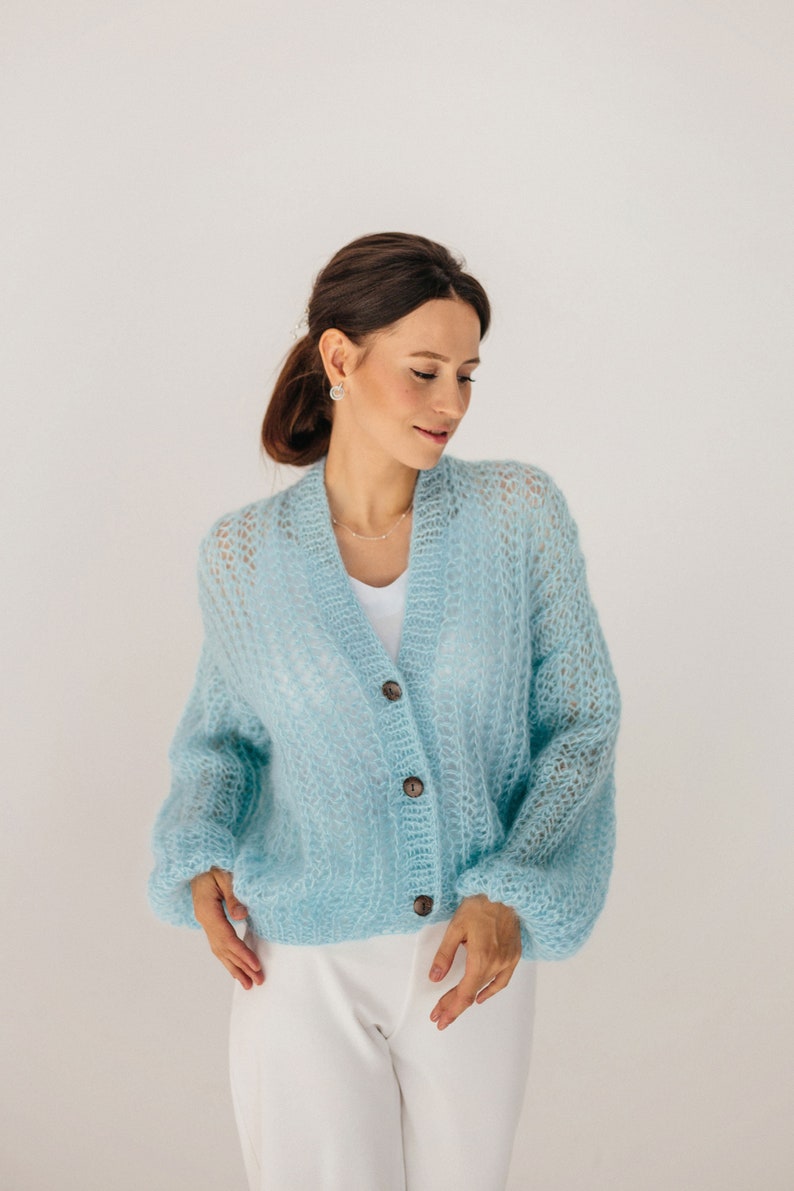 Mohair Cardigan Blue Wool Pullover Mohair Wool Sweater Knitted Cardigan Mohair Wool Coat Mohair Jacket image 2