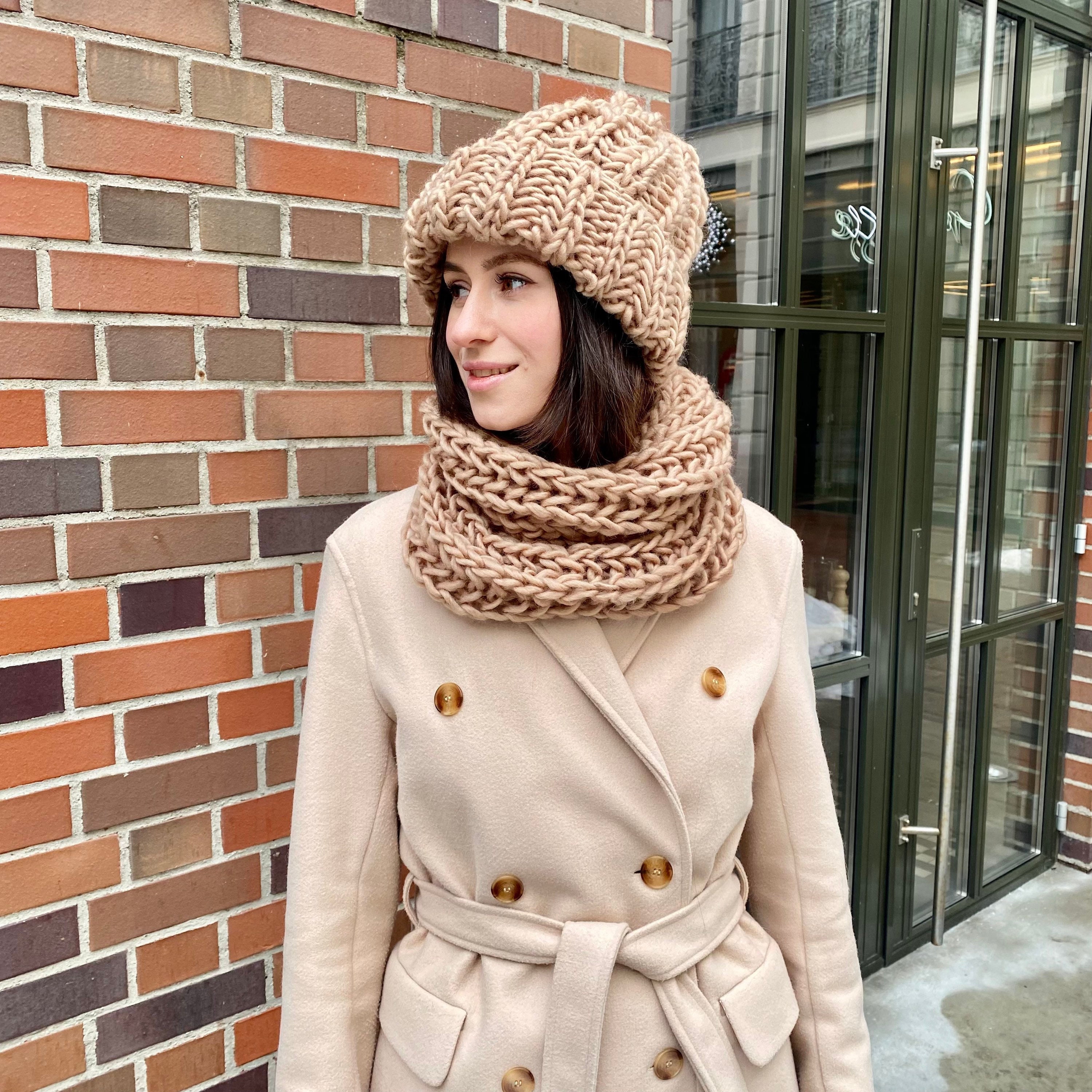 Beige Scarf Women Hat Scarf Wool Set Chunky Knit Beanie 
