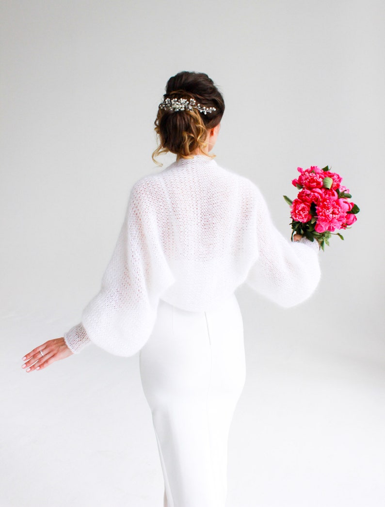 White Mohair Bolero White Bridal Wrap White Mohair Shrug White Bridal Cape Wedding Jacket Bridal Sweater image 6