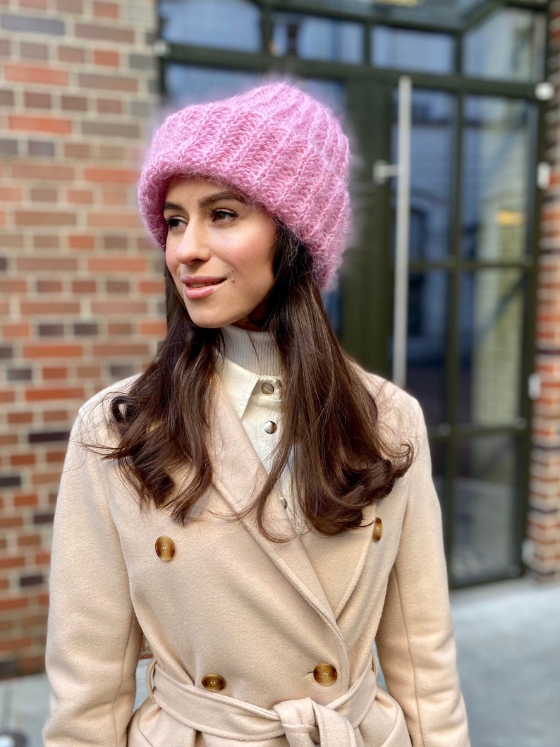 Pink Knit Hat Slouchy Beanie Women Black Wool Cape Cable Knit Hat White Beanie Pink Crochet Hat Pink Slouchy Beanie Pink Mohair Hat image 1