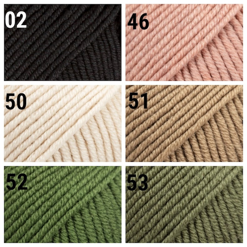 K&ouml;nnte beinhalten: Nahaufnahme von sechs Garnrollen in verschiedenen Farben: Schwarz, Rosa, Creme, Beige, Dunkelgr&uuml;n und Hellgr&uuml;n. Die Rollen sind mit den Nummern 02, 46, 50, 51, 52 und 53 gekennzeichnet.
