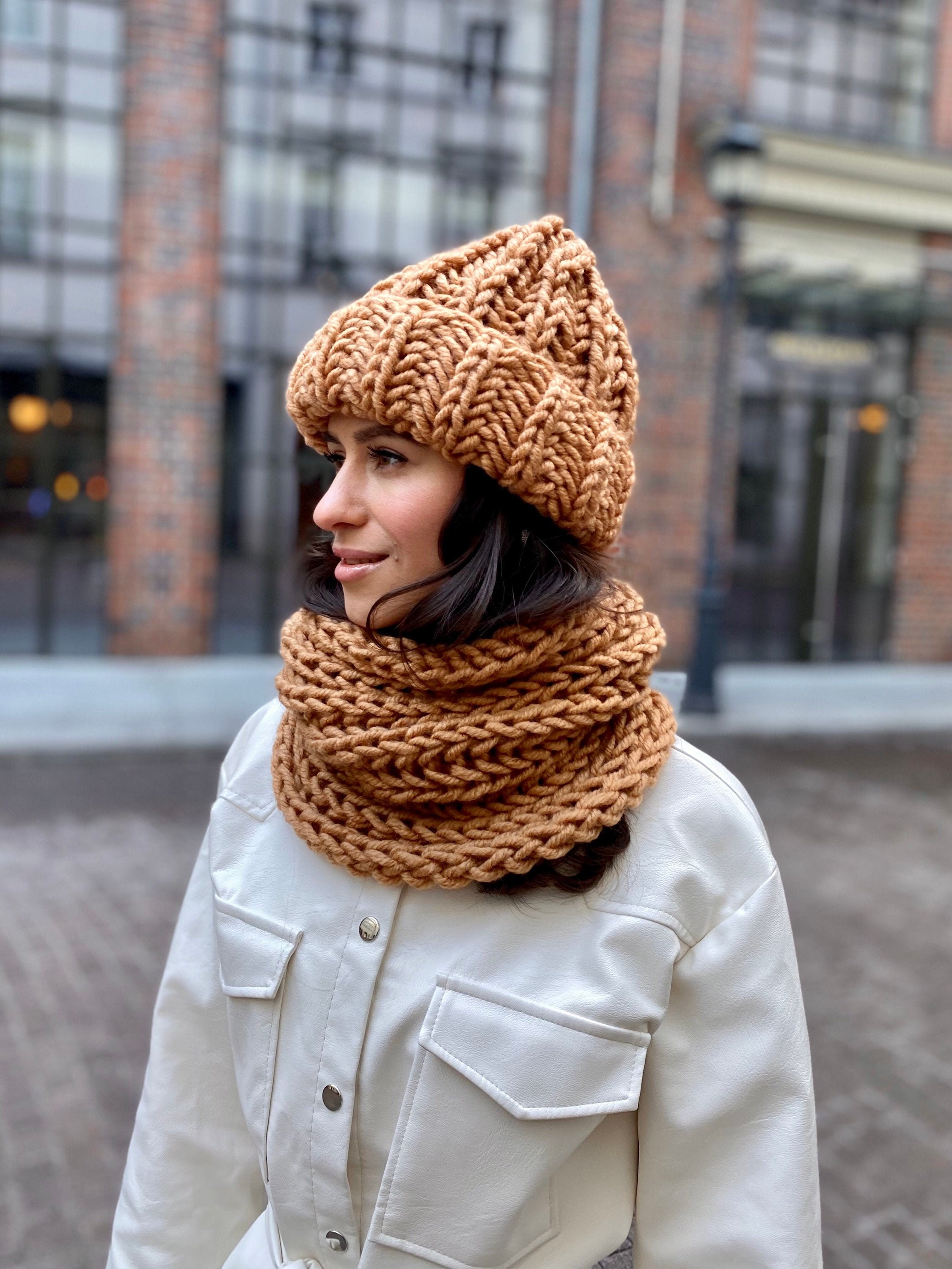 Beige Scarf and Hat Set for Women Wool Beanie Hat Beige Scarf Knit