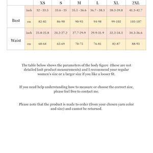 May include: A size chart table with black text on a white background. The table lists bust and waist measurements in inches and centimeters for sizes XS through 2XL. Below the table, text provides guidance on body measurements and ordering.