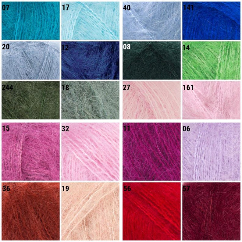 May include: A color chart of yarn samples in various shades of blue, green, pink, purple, red, and brown. The yarn is a soft, fuzzy mohair blend.