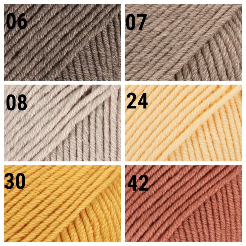 K&ouml;nnte beinhalten: Nahaufnahme von sechs Garnproben in verschiedenen Farben. Die Farben sind: 06 - Braun, 07 - Hellbraun, 08 - Beige, 24 - Hellgelb, 30 - Gelb und 42 - Orangebraun.