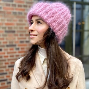 Pink Knit Hat Slouchy Beanie Women Black Wool Cape Cable Knit Hat White Beanie Pink Crochet Hat Pink Slouchy Beanie Pink Mohair Hat image 3