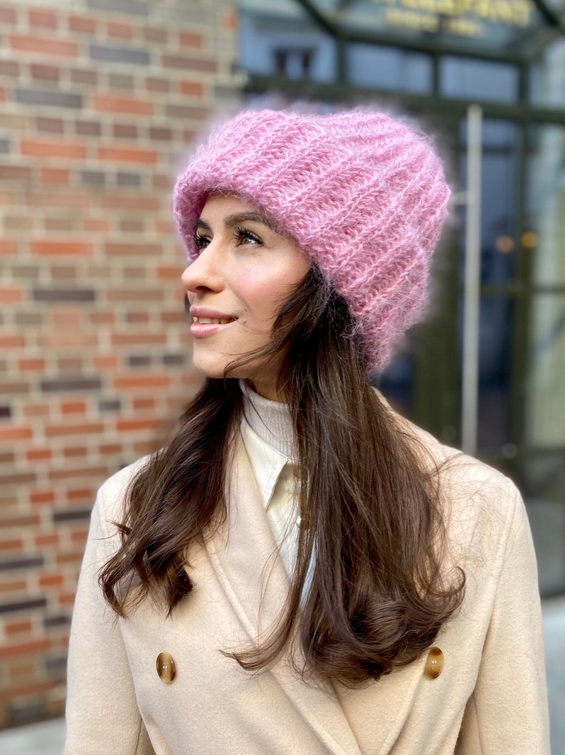 Pink Knit Hat Slouchy Beanie Women Black Wool Cape Cable Knit Hat White Beanie Pink Crochet Hat Pink Slouchy Beanie Pink Mohair Hat image 3