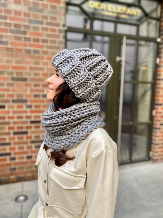 Wool Hat Scarf Set Gray Scarf Knit Loop Scarf for Women Hat Winter Gray Cowl Scarf Gray Hat Beanie Wool Knitted Set Beanie Hat Handmade