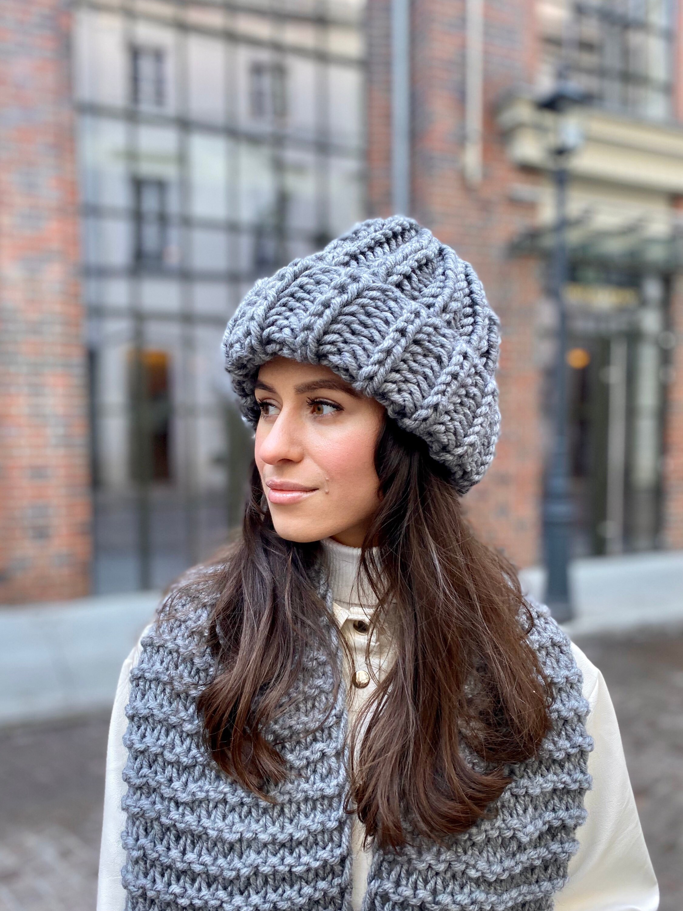 【返品交換不可】 Beanie Chunky Hat Knitted Gray Giant Hat Knit Chunky Hat Clothing